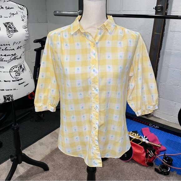 Cute vtg. Limoncello 🍋 80’s yellow windowpane plaid tulip blouse cheryl tiegs 🌼 - Picture 7 of 11